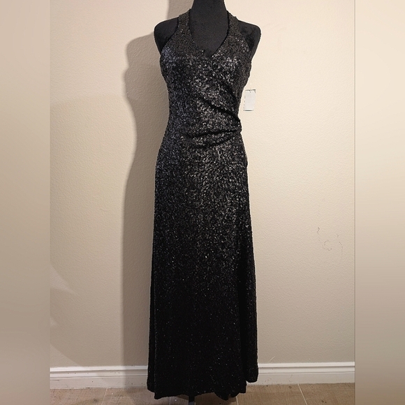 NWT $398 Dress the Population Giselle Sequin Wrap Gown Black - Picture 4 of 14